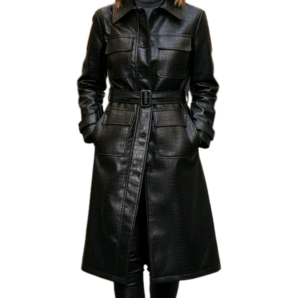 Croc Trench Coat Womens Jason Wu Black Embossed Faux Leather Long Edgy Jacket M